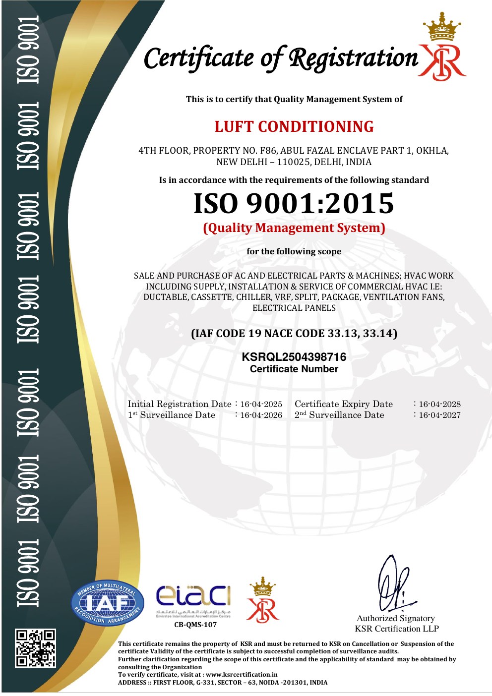 ISO 9001:2015 Certificate of Registration issued to Luft Conditioning